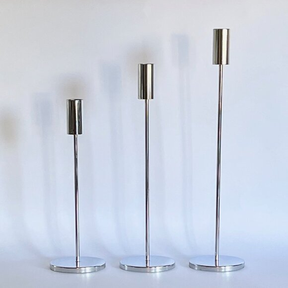 Set of 3 Mid Century Modern Style Chrome Graduated Tiered Candle Stick Holders - Picture 4 of 7